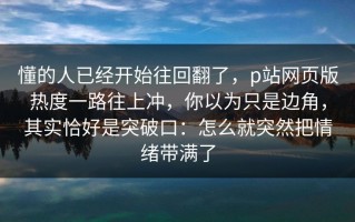 懂的人已经开始往回翻了，p站网页版热度一路往上冲，你以为只是边角，其实恰好是突破口：怎么就突然把情绪带满了